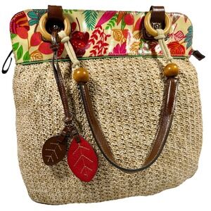 Merona Tropical Floral Straw Shoulder Bag Brown Handles Leaf Charms 13x16 EUC‎